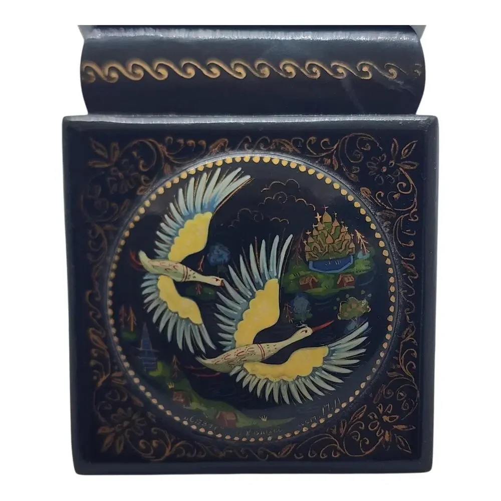 Vintage Russian Black Lacquer Trinket Box Birds Hand Painted Cranes Gold Leaf